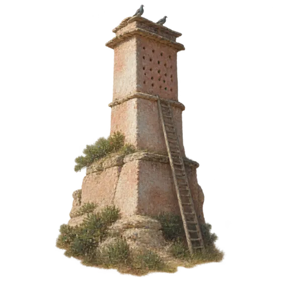Sketsa di pinggir surat: menara merpati dari batu dengan tangga kayu dan dua merpati di puncaknya.